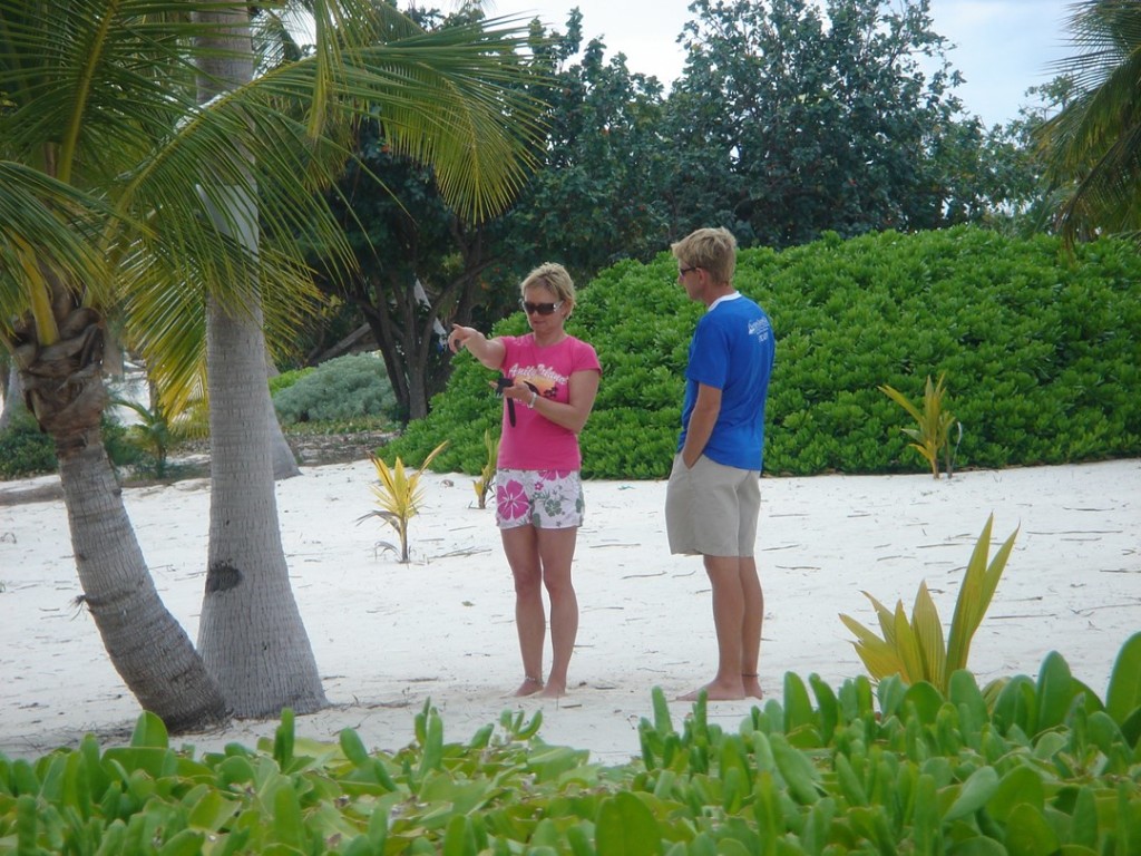 Paula Brazier and Mike Schouten working on a navigation course at the Southern Cross Club on Little Cayman.