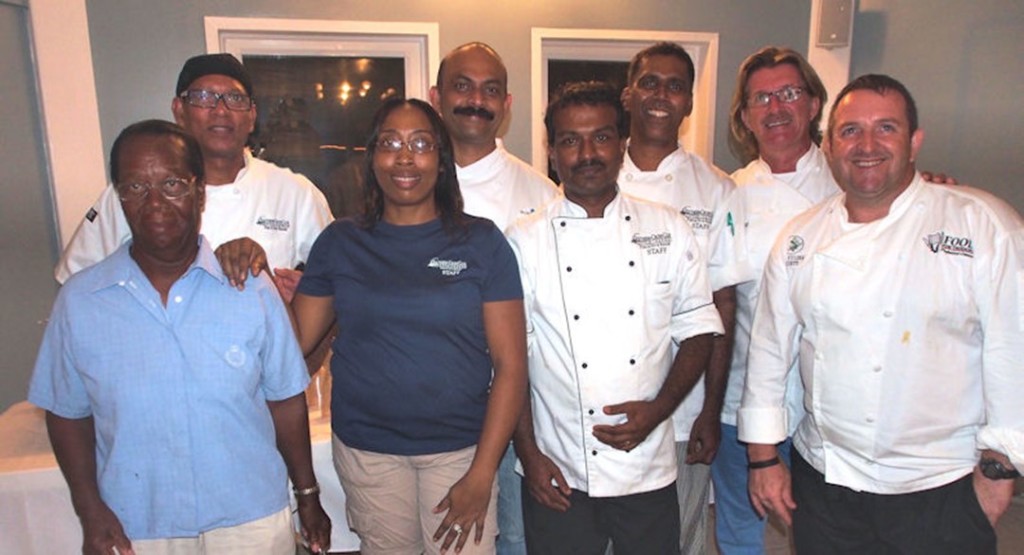 At the Sister Islands Cookoff are (L-R) SCC’s Ms. Merilda Messias, Ms Joan Muir, Chef Francisco Diaz, Chef Manuel D’Souza and SCC’s Executive Chef Anu Christopher with the Cook-off Judges: Shetty Vidyadhara, Head of the Cayman Culinary Society, Owner of Blue Cilantro on Seven Mile Beach; Keith Griffen, Vice President Cayman Culinary Society, Manager of the Cayman Culinary Team; Wayne Jones O’Connor, Owner-Chef of Food For Thought Catering, Grand Cayman’s Premier Catering House.