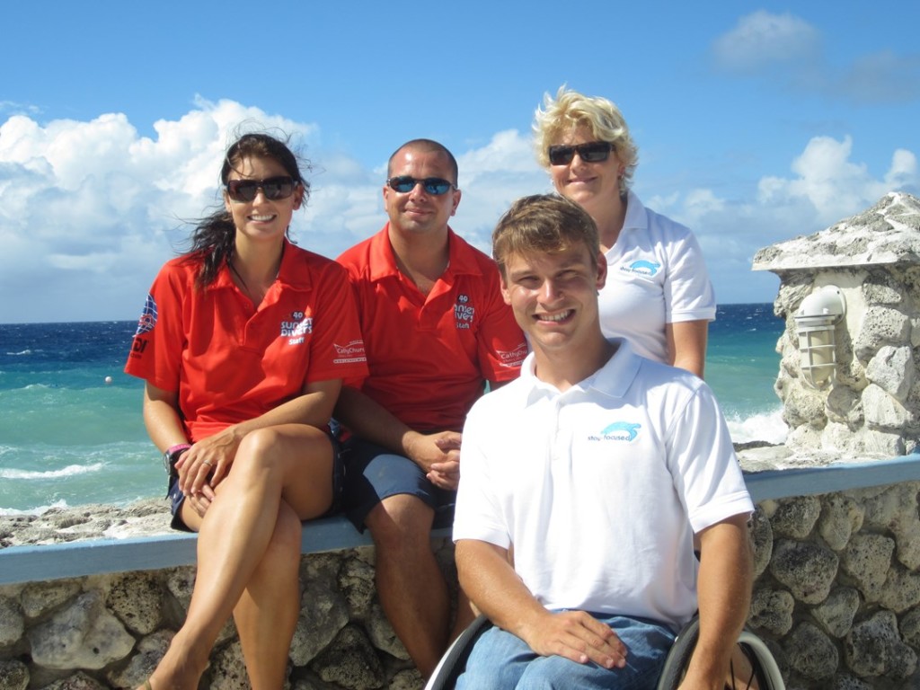 Ryan Chalmers with the dive staff at Sunset House. Ryan completed his Rescue Diver and Divemaster Certifications with Sunset House, making him the most experienced diver with the Stay-Focused 