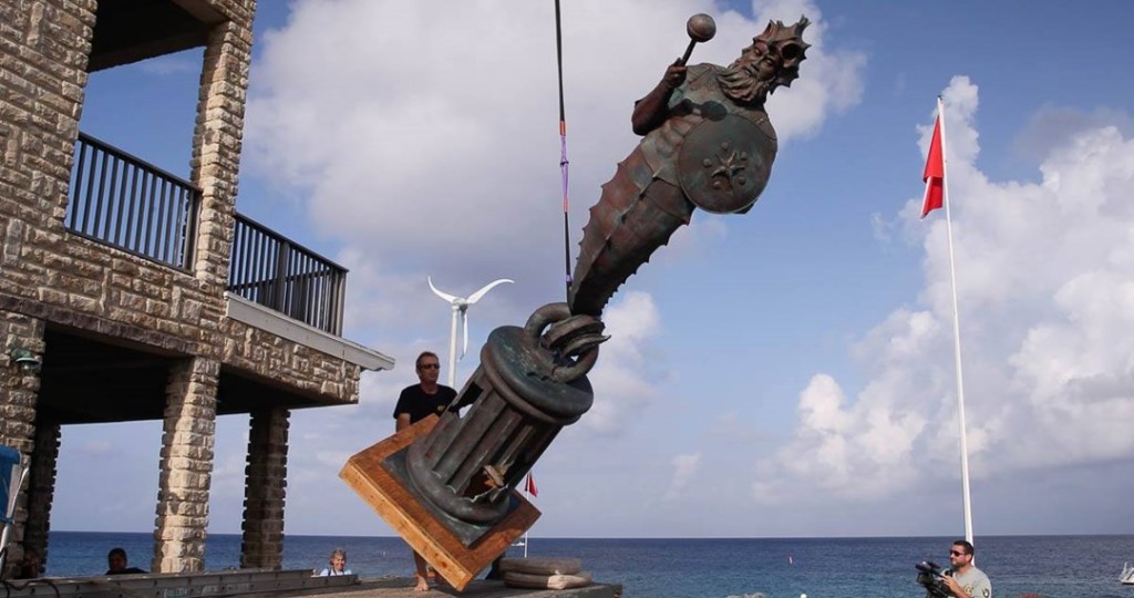 The sculpture was cast at an American foundry and journeyed to Cayman where he was sunk on April 12 with a celebration at Divetech. Photo courtesy Divetech